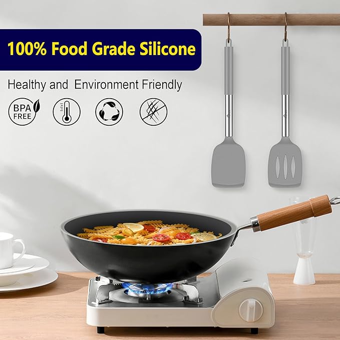 HOTEC Silicone Spatula Set of 2 Heat-Resistant 600째F & BPA-Free Kitchen SaptulaTurner with Stainless Steel Handles, Slotted & Solid Spatulas for Nonstick Cookware, 13.7 Inch, Grey