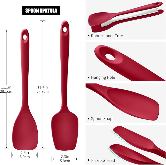 Doosu Silicone Spoon Spatula Set of 2, 600쨘F Heat-Resistant Food Grade Rubber Spoonula with Seamless Design, Non-Stick Dishwasher Safe Kitchen Utensils for Cooking, Baking, Mixing, Scraping (Red)