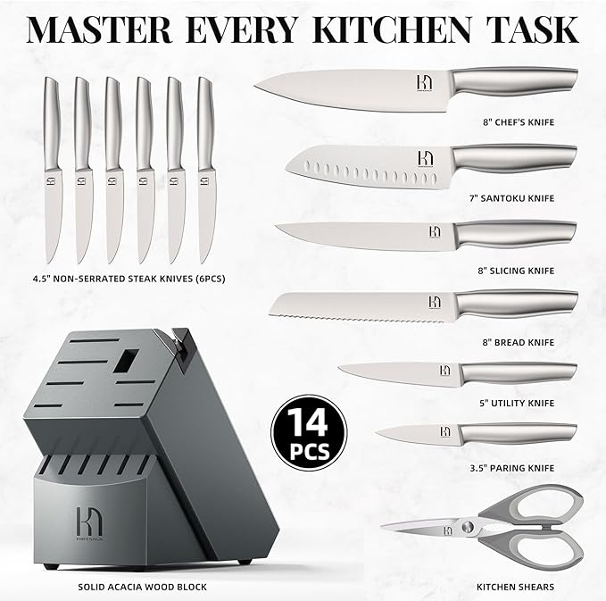Knife Set, 14 Pcs Premium Japanese High Carbon Stainless Steel Kitchen Knife Set, Razor Sharp Knife Block Set with Built-in Sharpener, Quality Acacia Wood Block Knife Sets Ergonomic Handle