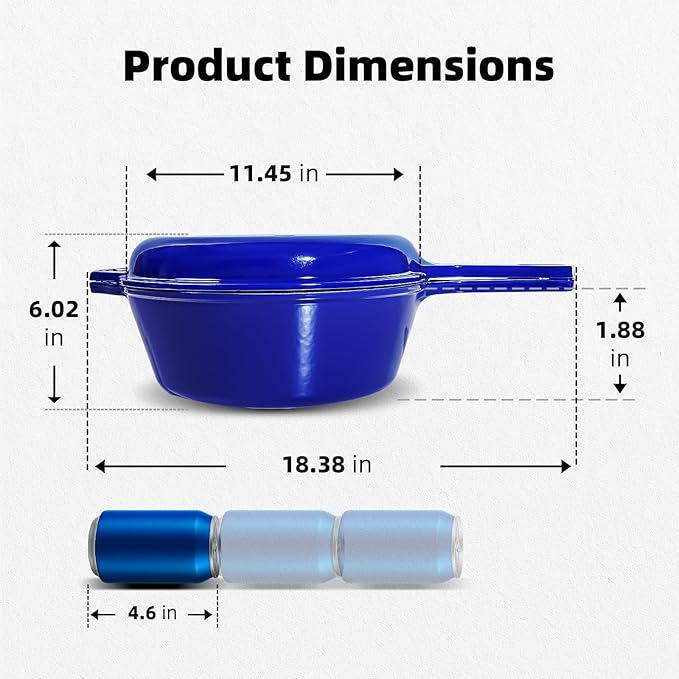 Enameled Cast Iron Braiser Pan - 2-in-1 Cast Iron Dutch Oven - 6.5QT Deep Pot with Frying Pan - Cookware Multi Cooker Skillet - for Grill Induction Stovetop Camping -Blue
