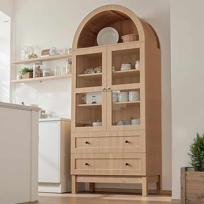 71" Tall Arched Kitchen Pantry, Storage Cabinet with Glass Doors, 2 Large Drawers & 3 Adjustable Shelves, Modern Farmhouse Design for Home Kitchens, Small Homes & Apartments