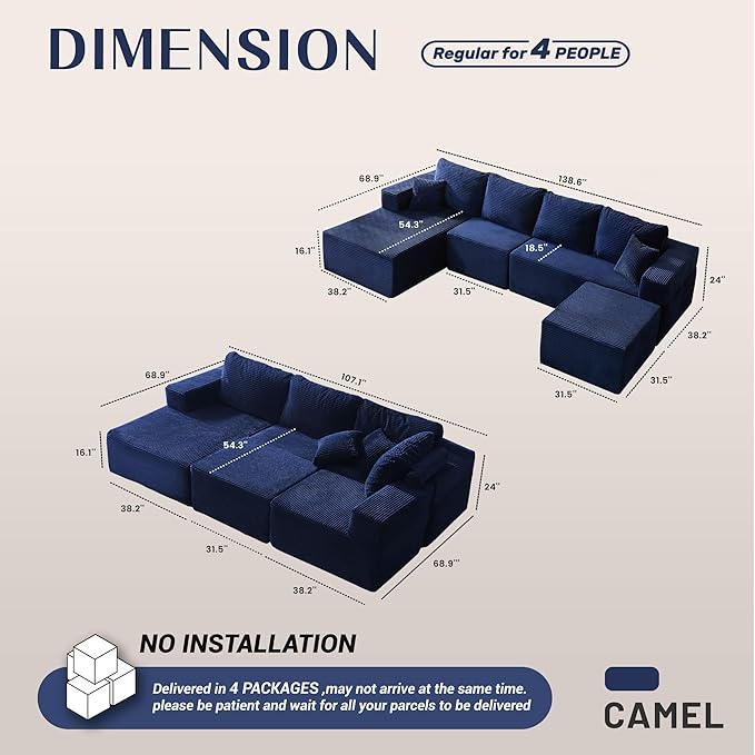 138" Boneless Couch with Deep Seat, Modular Sectional Sofa, Cloud Sectional Couch for Living Room, No Assembly Required, Corduroy, U-Shape 4 Seater Left, Blue