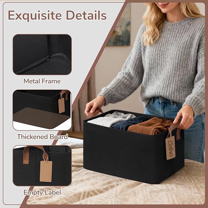 CHICVITA 4 Pack Storage Baskets for Shelves, Collapsible Fabric Closet Storage Bins with Metal Frame, Towel Organizer for Bathroom Living Room, 14.8" x 10.3" x 8.3", Black
