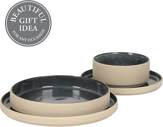Gibson Elite Liberty Bay 16-Piece Pottery Clay Stoneware Dinnerware Set ??Blue Reactive Glaze, Stackable Plates and Bowls W/Pasta Bowl, Service for 4 ??Microwave & Dishwasher Safe