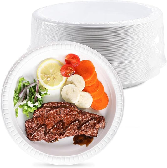 YANGRUI Plastic Plates Shrink Wrap 9" 150 Pack - BPA Free Mineral Filled PP | Dishwasher Freezer & Microwave Safe | Reusable & Disposable Heavy Duty | Commercial White Shatter Resistant Party Plate