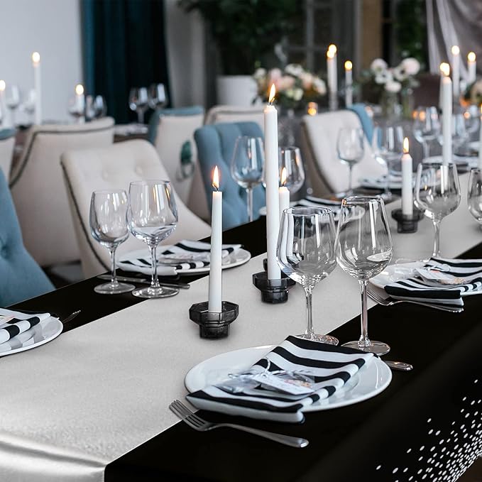 Tudomro 16 Pieces Black and Silver Disposable Plastic Tablecloths and Satin Table Runner Set 54x108 Inch Tablecloth 12x108 Inch Table Runners for New Year Wedding Birthday Baby Shower Graduation