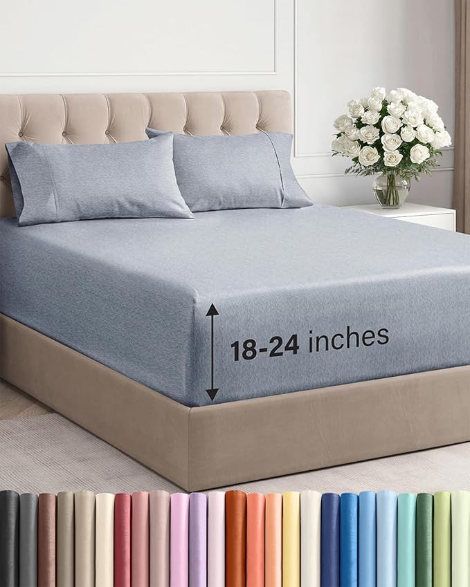 Extra Deep Pocket Cal King Sheets - 4 Piece Breathable & Cooling Bed Sheets - Hotel Luxury Bed Sheet Set - Soft, Wrinkle Free & Comfy - Easily Fits Extra Deep Mattresses - Heathered Blue Sheets Set