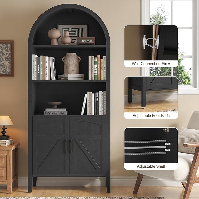 ONBRILL 71" Tall Arched Bookshelf, 5-Tier Arched Bookcase with Door & Storage Cabinet, Farmhouse Display Bookshelf Cabinet with Adjustable Shelf, Freestanding Wood Bookcase for Home Office, Study