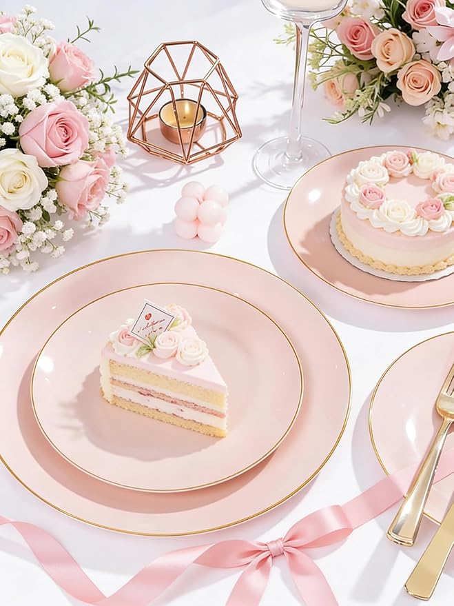 WDF 300Pcs Pink Plates Disposable - Pink and Gold Plastic Dinnerware Set for 50 Guests Include 50 Dinner & Cake Plates, 50 Disposable Cutlery, 50 9oz Cups for Wedding, Party, Valentine's Day