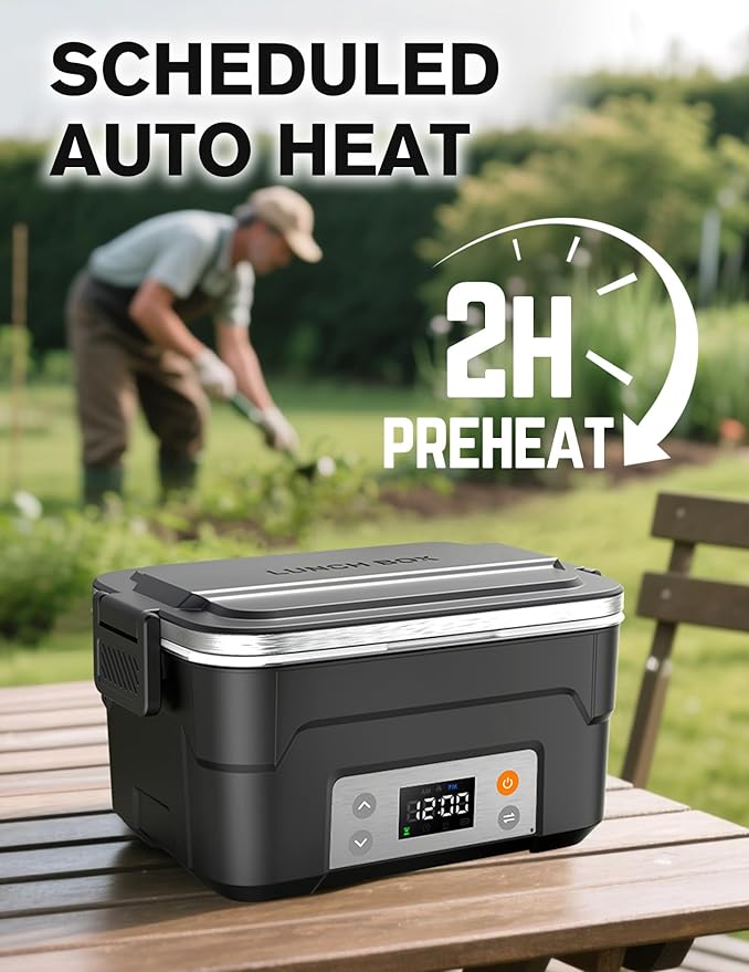EAST OAK XL 6.3-Cup Cordless Electric Lunch Box for Adults, Heated Lunch Box for Men with Scheduled Heating, Portable Car Food Warmer with Utensils, Removable Divider