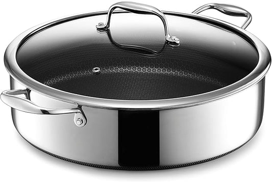 HexClad Hybrid Nonstick 7-Quart Saut챕 Pan with Tempered Glass Lid, Chicken Fryer, Stay-Cool Handles, Dishwasher-Friendly, Oven-Safe Up to 900째F, Induction Ready, Compatible with All Cooktops