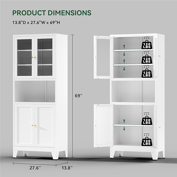COFaR 69" Tall Modern Kitchen Pantry,Metal Storage Cabinet with Shelves 竊?Glass Doors for Display,Pantry Storage Cabinet,Freestanding Cupboard for Kitchen,Dining Room,Living Room,Bathroom,White