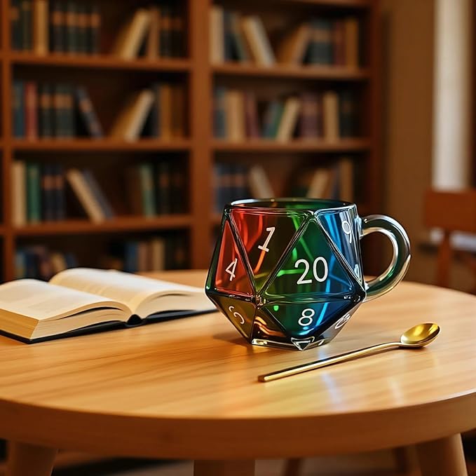 Dlin Rainbow D20 Dice Glass Coffee Mug - Heat-Resistant Transparent with Ergonomic Handle, Leak-Proof & Multi-Functional Gaming Mug for RPG/Board Game Lovers, Perfect Fantasy Themed Gift (Rainbow-1PC)