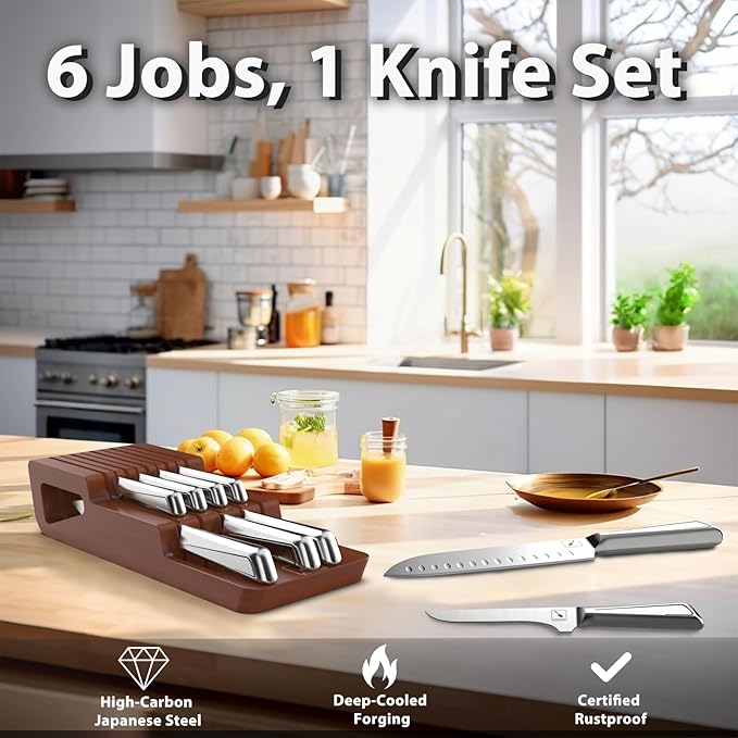 imarku Knife Set, 10 PCS Japanese Stainless Steel Knife Block Set, Kitchen Knife Sets with Wooden Drawer Organizer, Drawer Knife Set,Dishwasher Safe, Ultra Sharp Chef Knife, Gifts for Women Men