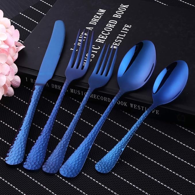 Blue Silverware Set, 20 Piece Premium 18/8 Stainless Steel Hammered Kitchen Utensil Flatware Cutlery Sets of 4, Mirror Polish, Dishwasher Safe