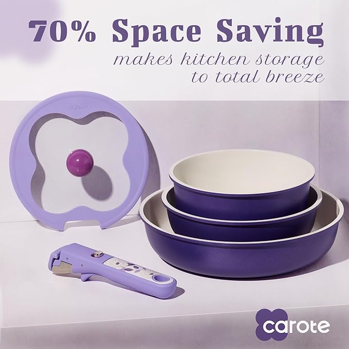 CAROTE 11pcs Ceramic Cookware Set, Pots and Pans Set Non stick, Induction Kitchen Cookware with Removable Handle, Dishwasher & Oven Safe, RV/Camping Cookware, PFAS Free, Purple