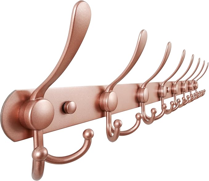 Dseap Coat Rack Wall Mount - 29.5??Long 8-Tri-Hooks Heavy Duty Coat Hanger Rail Wall Hooks for Hanging Coats Hats Clothing Clothes Purse Mudroom Entryway, Rose Gold