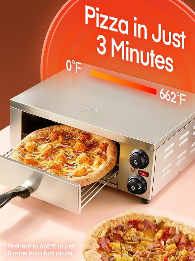 Pizza Oven Indoor, 12 Inch Electric Pizza Ovens with 662??Max Temp, 1800W Pizza Maker for Home with Alert Timer, Pizza Cooker Machine Suitable for Both Home and Commercial Use