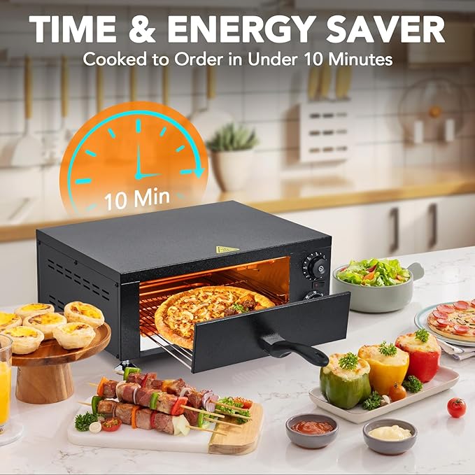 12 Inch Electric Countertop Pizza Oven, 1100w Stainless Steel Commercial Pizza Maker with Viewing Window & Timer for Fast Baking, Indoor Use for Restaurant, Home, Kitchen, Catering & Mall Kiosk