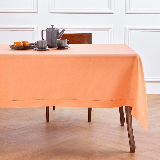 Solino Home Linen Tablecloth 60 x 144 Inch - Classic Hemstitch 100% Pure Linen Coral Table Cloth for Rectangle Tables - Machine Washable Tablecloth for Valentines, Spring, Easter