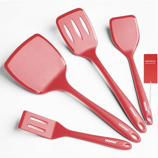 Silicone Spatula Set, 600째F Heat Resistant Silicone Spatula Turner Flipper for Cooking, Non Stick and Non Scratch Kitchen Utensils for Eggs & Pancakes, 4 Pack, Red