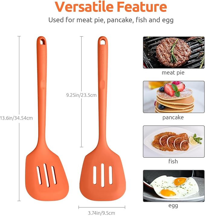 600쨘F Heat Resistant Slotted Turner: U-Taste 13.6in Silicone Kitchen Spatula Flipper, 3.74in Wide Food Grade Flexible Thin Rubber Cooking Utensil for Egg, Pancake, Cookie in Nonstick Cookware (Orange)