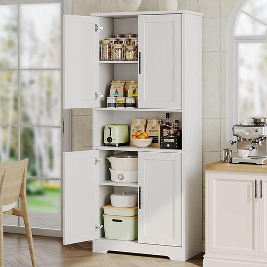 IDEALHOUSE Kitchen Pantry Cabinet, 70in Tall Storage Cabinet with Doors and Adjustable Shelves, Freestanding Cupboard for Living Room, Dining Room, Bathroom (White)