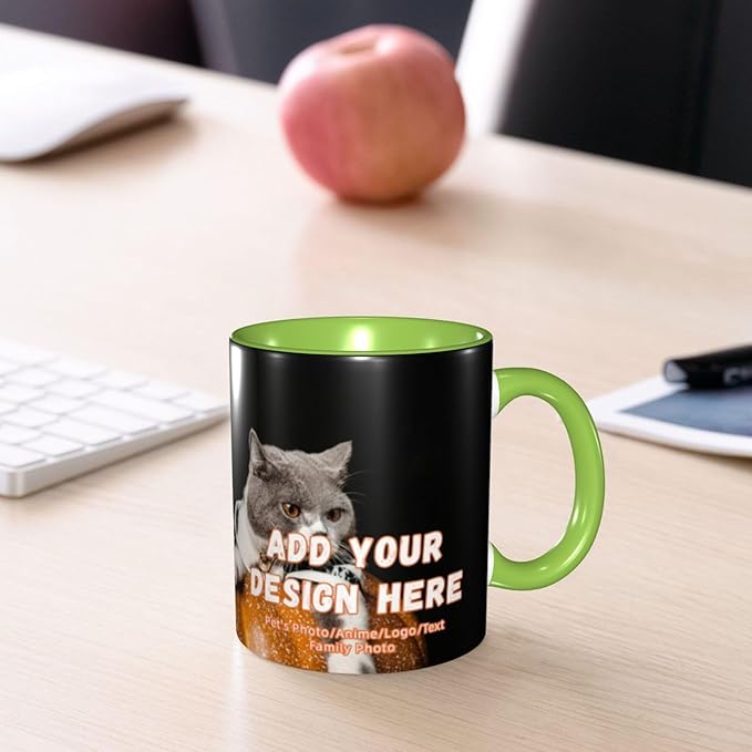 Customizable Mugs and Coffee Cups with Various Creative Designs Customize Your Photos Images Texts Partial or Full-Size Printing (Full-Width, Green)