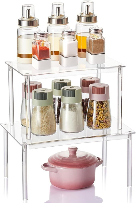 Clear Acrylic Cabinet Organizer Shelf, Set of 2 Spice Rack Organizer for Kitchen, Countertop Desk Organizers Display Riser Shelves, Stackable Kitchen Cabinet Shelf, Pantry Storage
