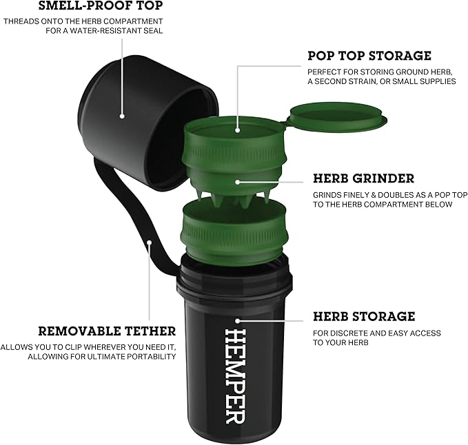 Hemper Keeper 3?멼n?? Herb Grinder with Dual Storage Container - Smell?멠roof, Airtight & Water?멢esistant - Built?멗n Removable Grinder, Dual Compartments for Flower & Ground - (Red)