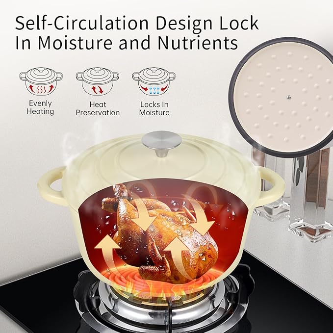 6 Quart Enameled Cast Iron Dutch Oven Pot with Lid and Silicone Accessories, Oven Safe up to 500째F or on Stovetop, Non-stick Dutch Oven for Bread Baking, Cooking, Dual Handles Cookware, Beige