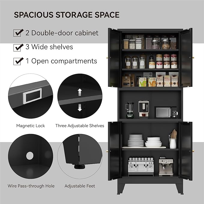 COFaR 69" Tall Modern Kitchen Pantry,Metal Storage Cabinet with Adjustable Shelves,Pantry Cabinet with 6-Tier,Freestanding Cupboard for Kitchen,Dining Room,Living Room,Bathroom,Black