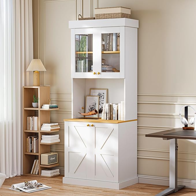 Vyre 71" Farmhouse Kitchen Pantry Cabinet Set of 3, White Freestanding Coffee Bar Hutch with Glass Doors & Adjustable Shelves, Large Storage Cabinet with Microwave Stand for Living Room & Kitchen