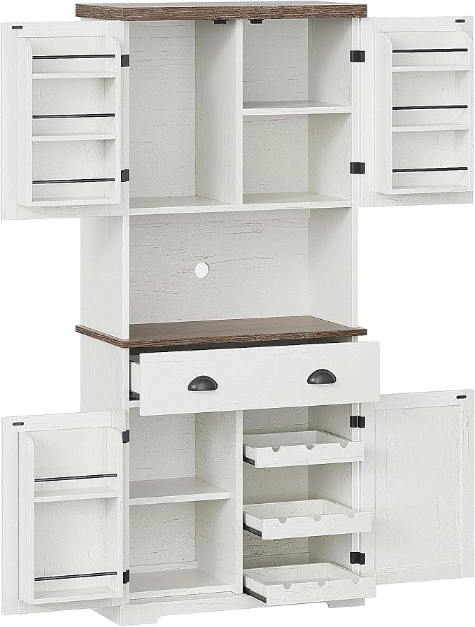 ChooChoo 72" Pantry Cabinet with Storage Drawers, Farmhouse Kitchen Hutch Bar Cabinet with Microwave Stand, Kitchen Cupboard with Door Shelves for Dining Room, Living Room, Antique White & Brown