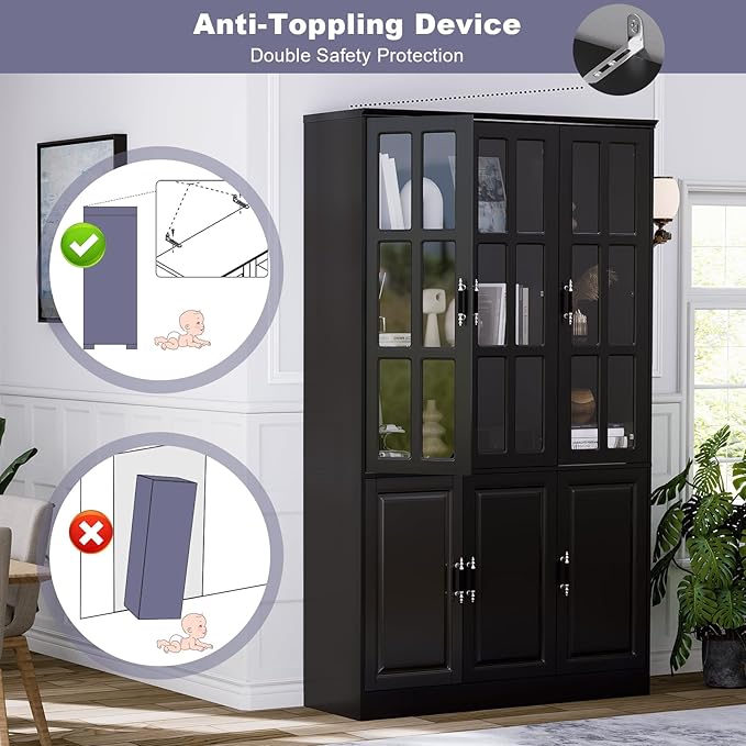 MEISSALIVVE Kitchen Pantry Storage Cabinet, 78.7" Tall with Glass Doors & Drawers, Freestanding Utility Cabinet, Black (47.2" W x 15.7" D)