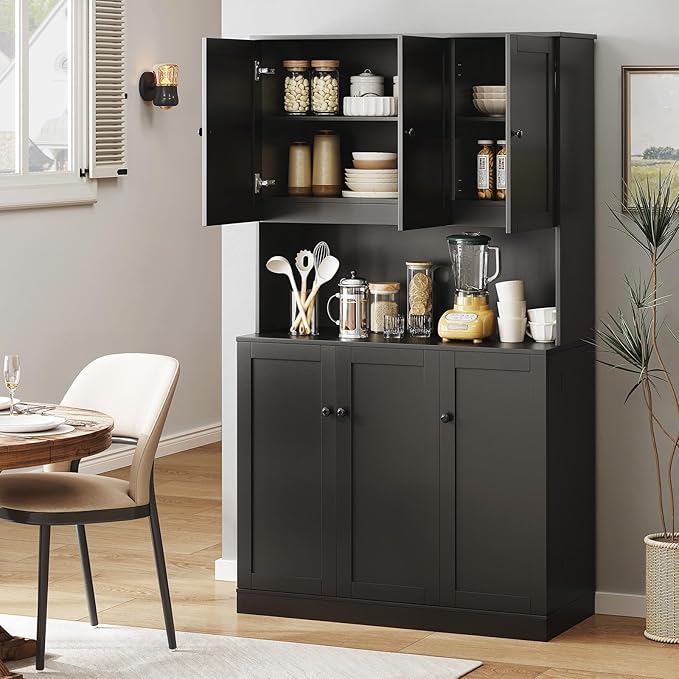 ONBRILL 71" Tall Kitchen Pantry Storage Cabinet with Microwave Stand & Door Shelf, Freestanding Kitchen Hutch with 6 Doors and Adjustable Shelves, Modern Food Pantry for Dining Room, Black