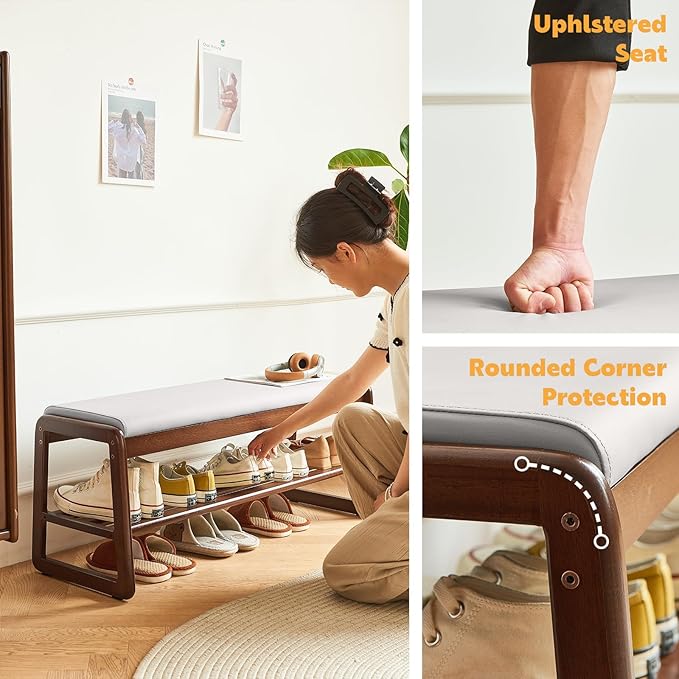 Fetuero Solid Wood Shoe Bench, 2-Tier Wooden Storage Entryway Bench, Small Entryway Bench, Mid-Century Modern Bedside Bench with Faux Leather Cushion for Dining Room Living Room, Cream Grey 21.65''