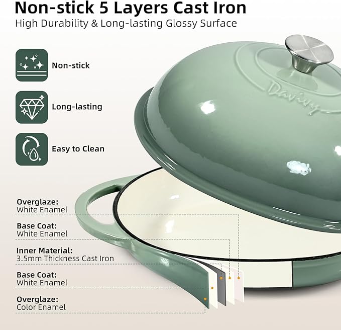 Davivy 6QT Oval Sourdough Dutch Oven with Silicone Baking Mat, Cast Iron Bread Oven for Sourdough 6QT,Bread Cloche Dutch Oven Baking Pan with Domed Lid - Sea Salt Green