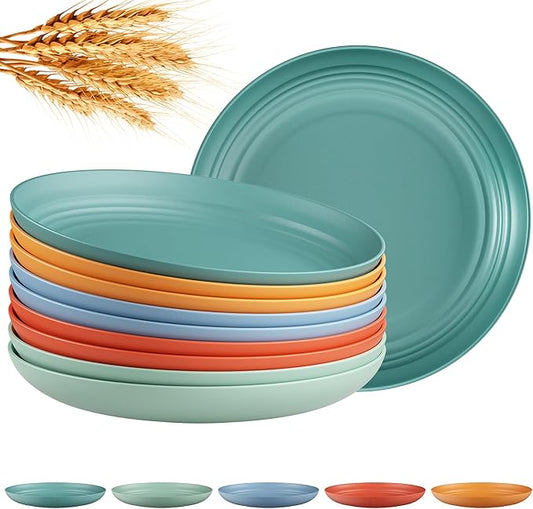 Quatish 10 PCS Unbreakable Reusable Plastic Plates,8 inch Dishwasher & Microwave Safe Dinner Plate, Easy-to-Clean Lightweight,Portable for Kitchen & Picnics Wheat Straw Plates（ Multi-Color）