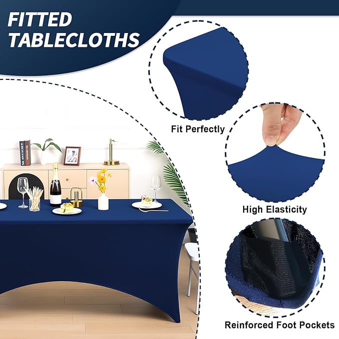 Fixwal 6FT Navy Blue Table Cloth Rectangle Tables, 6 Pack Spandex Table Cloths for 6 Foot Rectangle Tables, Fitted Rectangular Stretch, Washable Patio Table Cover (72Lx30Wx30H Inch)