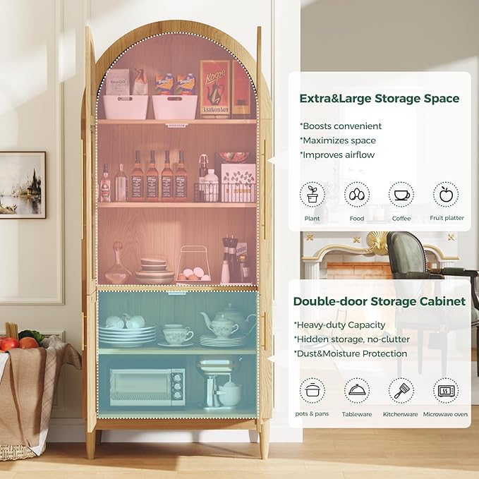 71?쒪rched Kitchen Pantry Cabinet, Stylish Arched Bookcase & Multi-Use Storage Cabinet with Glass & Rattan Doors, Ideal as Kitchen Pantry, Living Room Display, or Entryway Organizer ??Oak