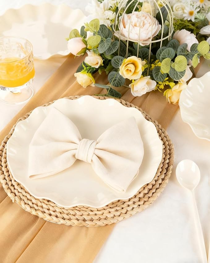 LIYH 20 Pcs 10 Inch Beige Plastic Plates Reusable - Unbreakable Plastic Scalloped Wavy Dinner Plates for Baby Shower Camping Party Outdoor Picnics Dishwasher Safe BPA Free