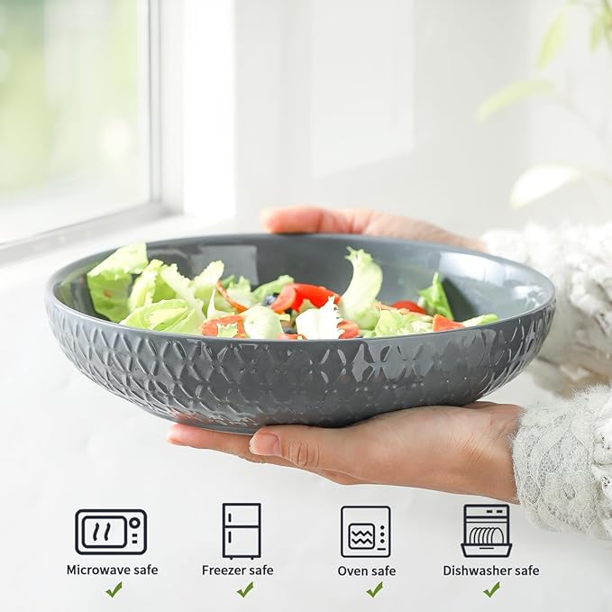 HASENSE 9" Large Pasta Bowls, 42 OZ Ceramic Salad Bowls Set of 2 for Serving Soup, Salad and Dinner, Embossed Wide and Shallow Pasta Plates for Kitchen and Eating, Microwave Safe, White and Grey