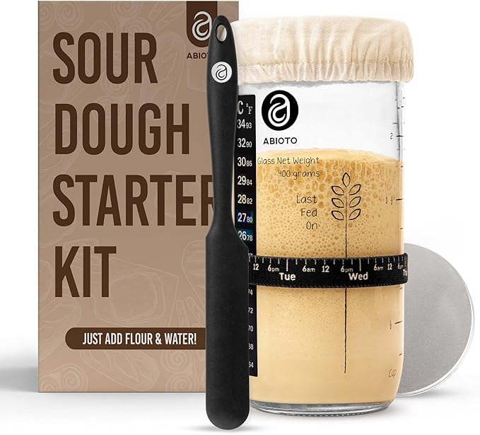 Sourdough Starter Kit, Includes 24 oz Sourdough Starter Jar with Metallic Lid, Silicone Spatula, Feeding Tracker, Extra Thermometer Strips & Breathable Covers - Sourdough Bread Starter Kit