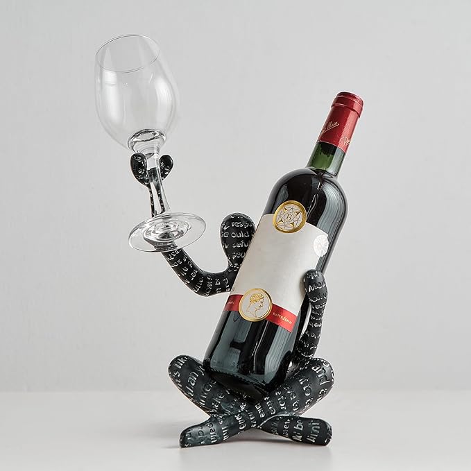 XINXUAN Abstract Wine Bottle Holder Home Decor, Resin Hollow-Out Design Decorative Wine Rack (Letter - Black)
