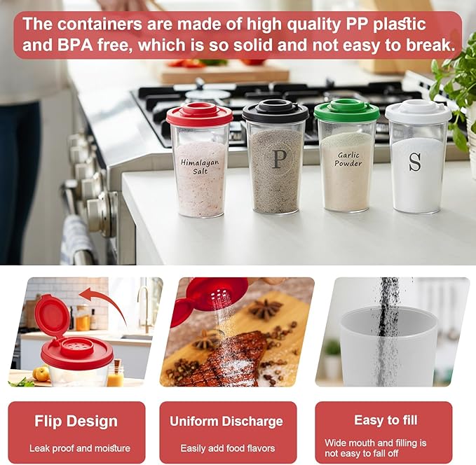 Plastic Salt and Pepper Shakers Set with 4 Color Lids & 20 Labels ??Clear Spice Jars, Reusable, Refillable Seasoning Containers for Kitchen, Cooking, Baking ??Easy Storage & Organization