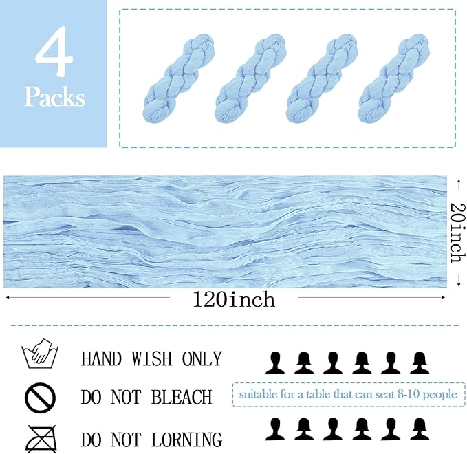 4 Pack Baby Blue Cheesecloth Table Runner 20 x 120 inch Gauze Table Runners 10 FT Long,Semi Sheer Cheese Cloth Fabric Table Runner Bulk for Wedding,Party,Baby Shower,Bridal Shower Decoration
