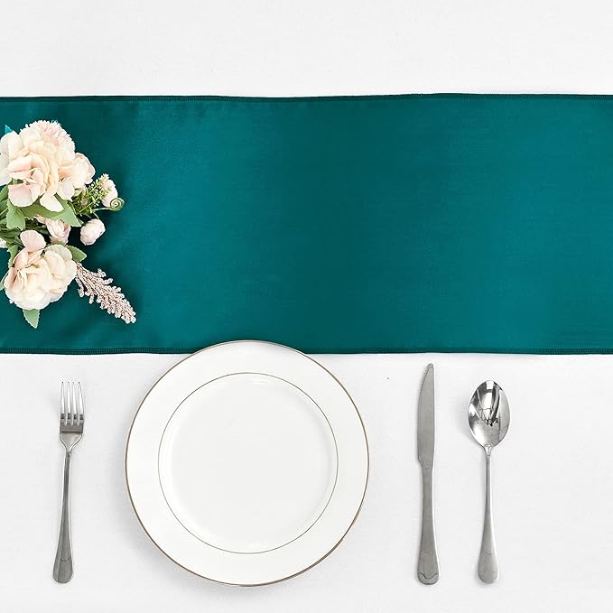 4-Pack Peacock Blue Satin Table Runner 12 x 108 Inch Long Bright and Smooth Silk Fabric Table Runner for Wedding Banquet Birthday Party Decoration