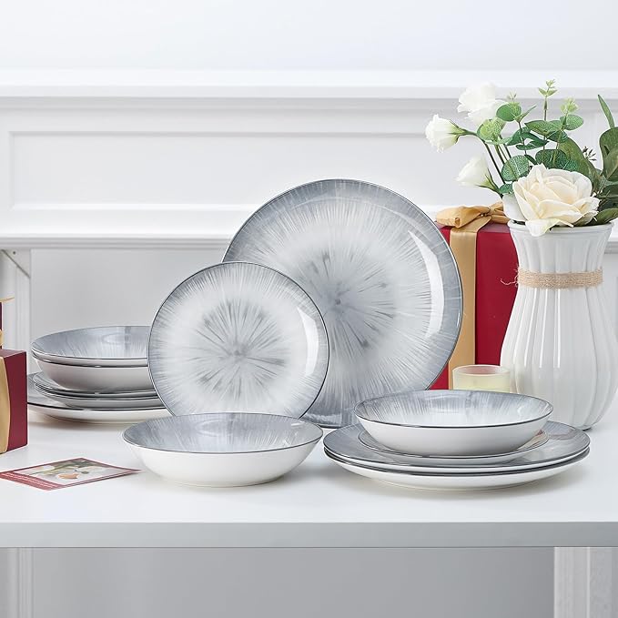 Bestone Porcelain Dinnerware Sets Service for 4, 12 pcs Hand drawn Plates and Bowls Sets, Handmade Ceramic Dish Set, Chip Resistant Modern Plate Set, Dishwasher/Microwave Safe竊똆ray