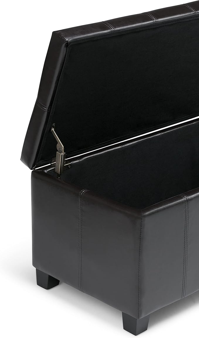 SIMPLIHOME Dover Storage Ottoman Bench - 36 inch Wide Upholstered Vegan Leather Rectangular Lift-Top Ottoman in Midnight Black, Contemporary Bench for Living Room with Safety Hinges